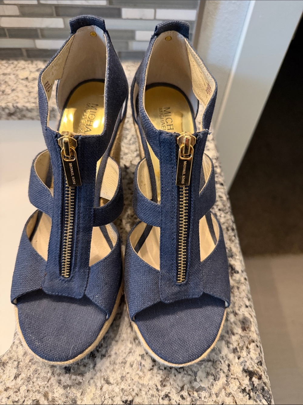 Michael Kors Navy Canvas Zip Wedge Sandals - Worn 1 time for 2 hrs. Hurt my feet